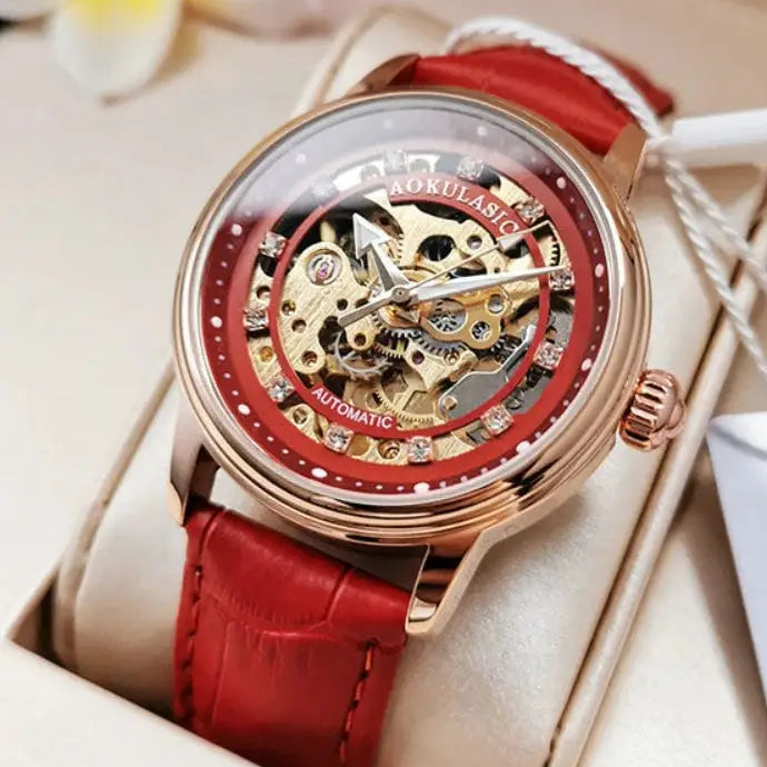 Augulas Genuine Hollow-Out Diamond-Encrusted Fully Automatic Mechanical Watch for Women, Fashionable and Simple, Luminous Waterproof Watch for Female Students, Trendy, the Best Gift for Her, No Battery Needed Inspirational Watches