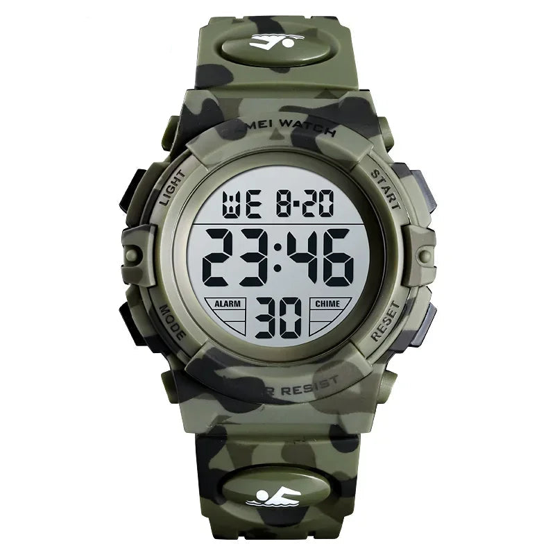Camouflage digital watch with Skmei branding on a white background