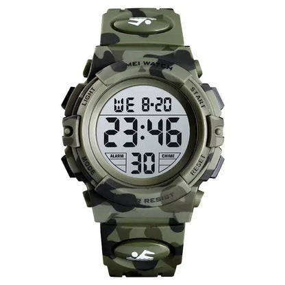 Camouflage digital watch with Skmei branding on a white background