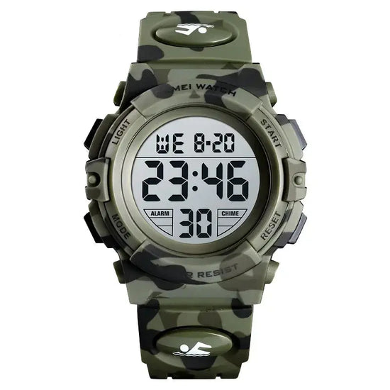 Camouflage digital watch with Skmei branding on a white background