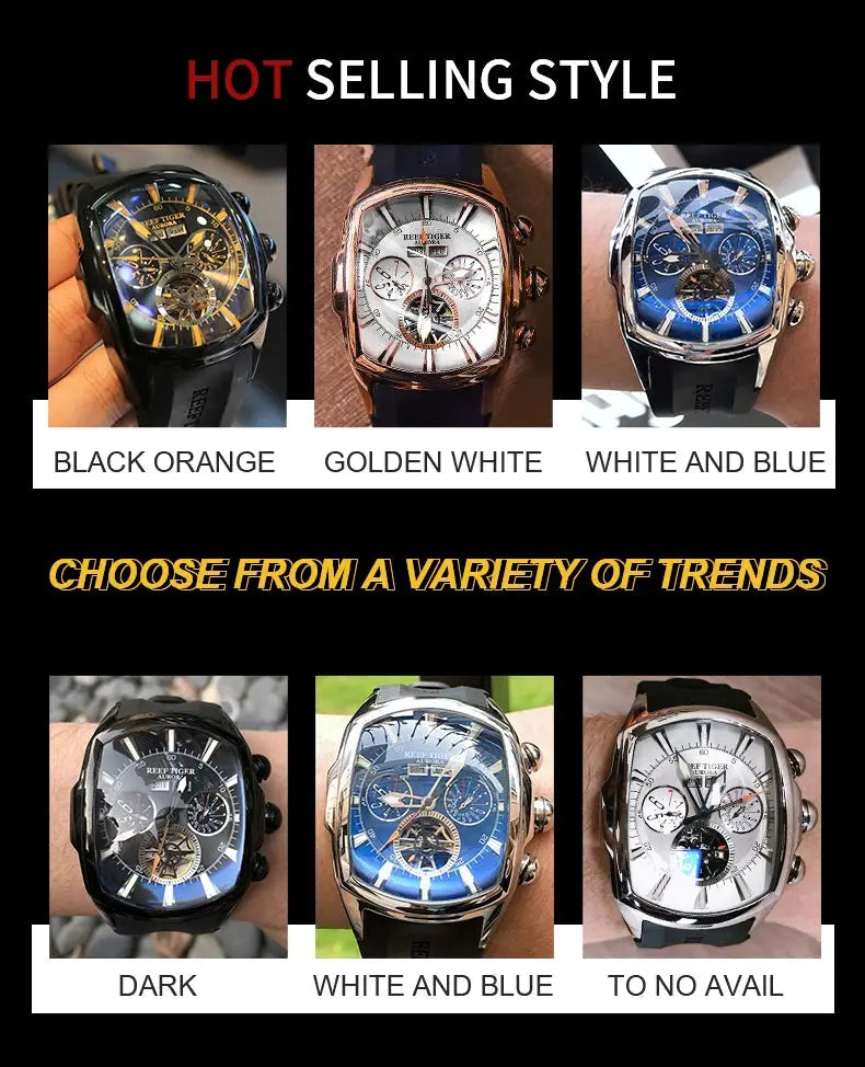Reef Tiger 316L Stainless Steel Wine Barrel Automatic Watch Fashion Mulitfunction Tourbillon Mechanical Watches for Men RGA3069 Inspirational Watches