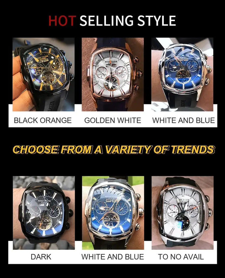 Reef Tiger 316L Stainless Steel Wine Barrel Automatic Watch Fashion Mulitfunction Tourbillon Mechanical Watches for Men RGA3069 Inspirational Watches
