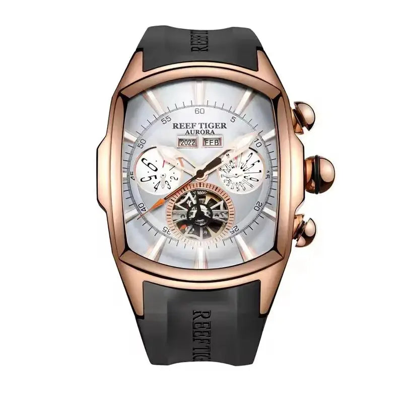 Reef Tiger 316L Stainless Steel Wine Barrel Automatic Watch Fashion Mulitfunction Tourbillon Mechanical Watches for Men RGA3069 Inspirational Watches