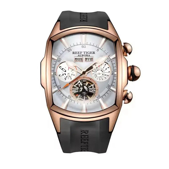 Reef Tiger 316L Stainless Steel Wine Barrel Automatic Watch Fashion Mulitfunction Tourbillon Mechanical Watches for Men RGA3069 Inspirational Watches