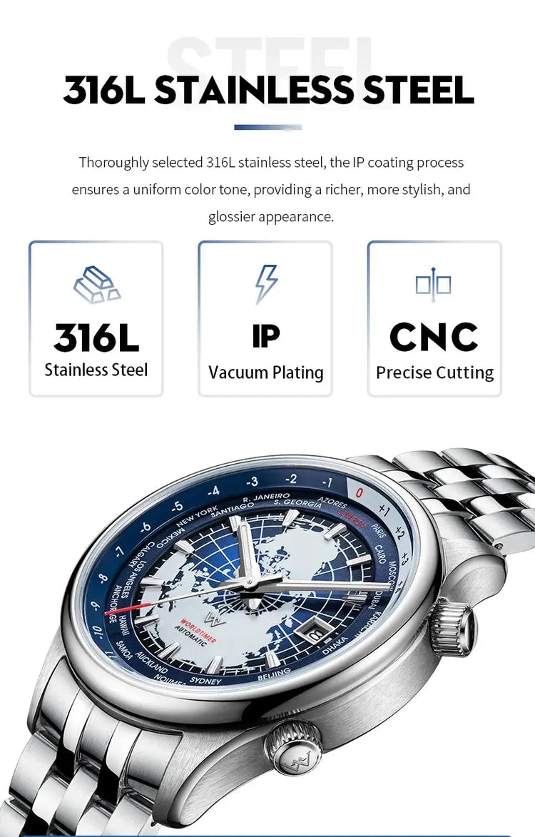 World Time Original Automatic Mechanical High Quality Sapphire Inspirational Watches