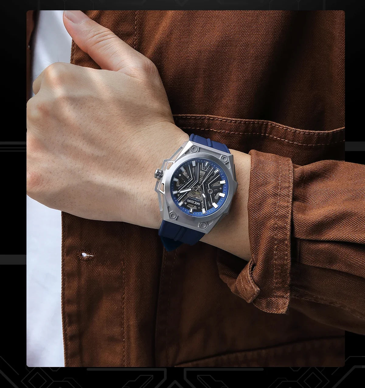 MEGIR Skeleton Dial Men Mechanical Watch Silicone Strap 316 Stainless Steel Case 50M Waterproof Automatic Wristwatches Men&