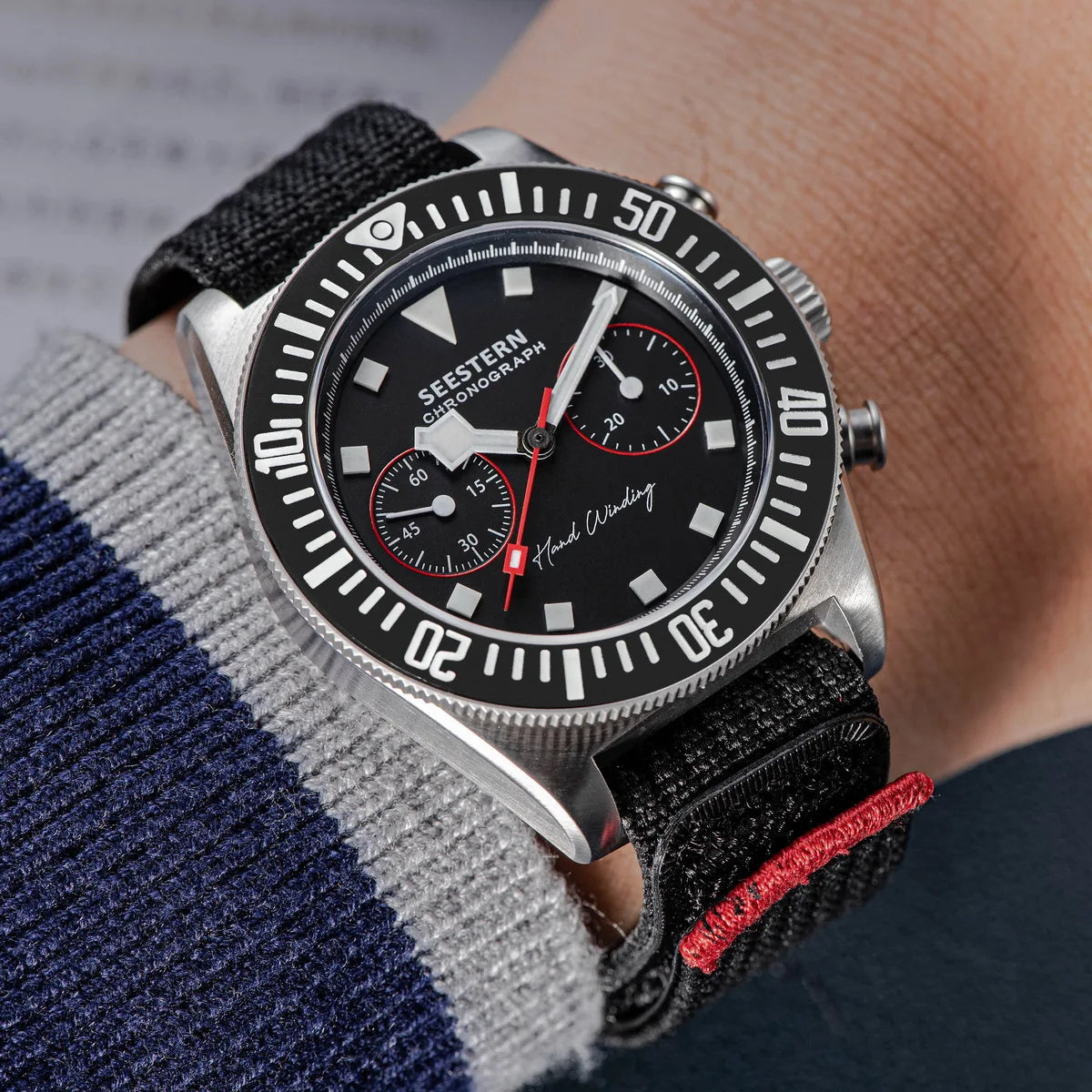SEESTERN Chronograph Man of Watch Mechanical Tianjin ST1901 Movement Sapphire Wristwatches Nylon Sticker Strap Luminous Skeleton Inspirational Watches
