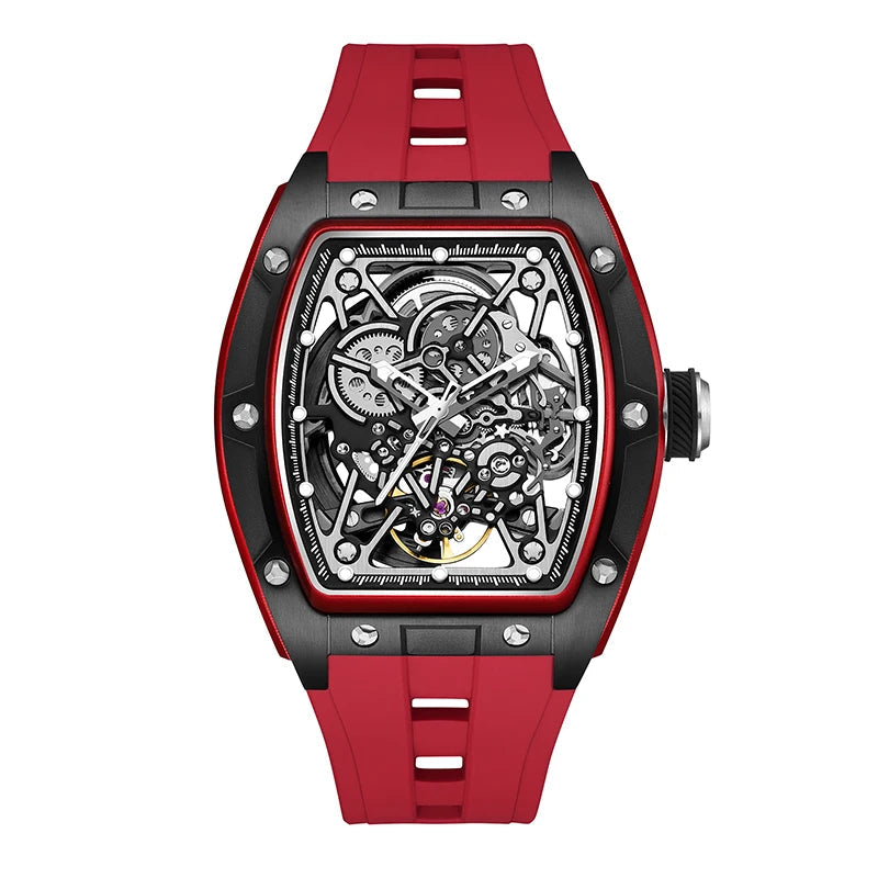 Mechanical Watch for Men Fashion Sport Analog Automatic Wristwatch Skeleton Stainless 50M Waterproof Watches with Tonneau Dial Inspirational Watches