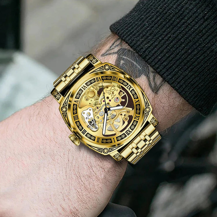 GLENAW Skeleton Mechanical Watch Men Vintage Engraved Auto Mechanical Wrist Watches Gold Stainless Steel Strap Erkek Kol Saati Inspirational Watches