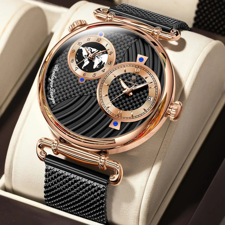 POEDAGAR Fashion Man Clock Dual Time Zone Display Waterproof Date Men Watch Sports Mesh Stainless Steel Men&