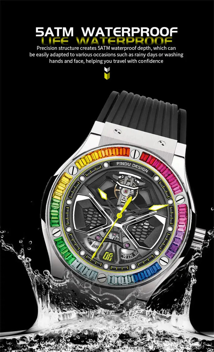 PINDU Watches High Quality Luxury Color Diamond Mechanical Watch For Men Waterproof Stainless Steel Silicone Strap Fashion Watch Inspirational Watches