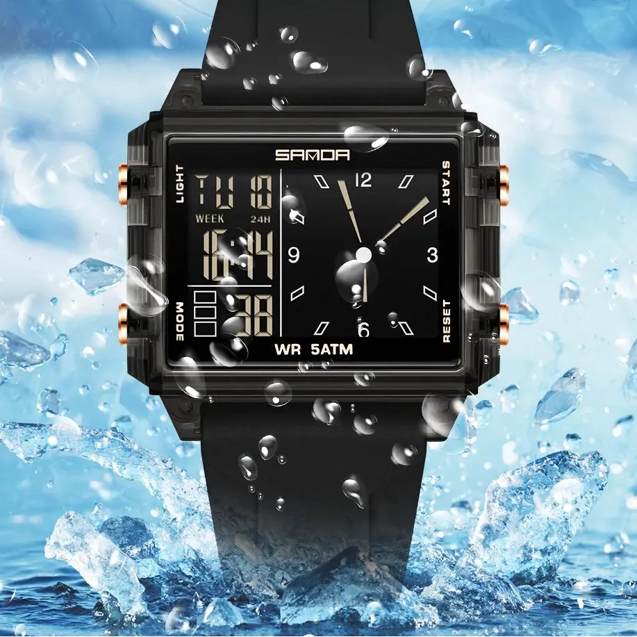 SANDA 6273 Wristwatch Square Dual Time Man Electron Analog Watch for Men Women Waterproof Count Down Timer Digital World Time Inspirational Watches