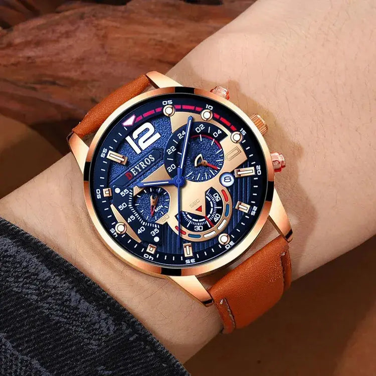 2PCS Set Fashion Calendar Watches Male Business Casual Brown Leather - Inspirational Watches