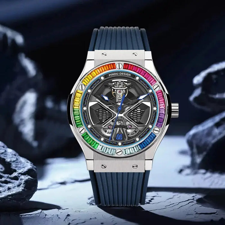 PINDU Watches High Quality Luxury Color Diamond Mechanical Watch For Men Waterproof Stainless Steel Silicone Strap Fashion Watch Inspirational Watches