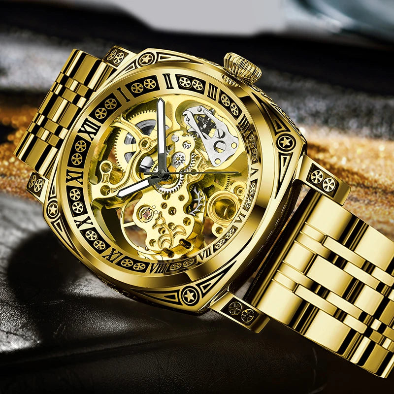 GLENAW Skeleton Mechanical Watch Men Vintage Engraved Auto Mechanical Wrist Watches Gold Stainless Steel Strap Erkek Kol Saati Inspirational Watches