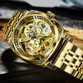 GLENAW Skeleton Mechanical Watch Men Vintage Engraved Auto Mechanical Wrist Watches Gold Stainless Steel Strap Erkek Kol Saati Inspirational Watches