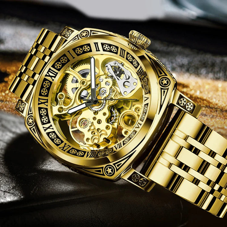 GLENAW Skeleton Mechanical Watch Men Vintage Engraved Auto Mechanical Wrist Watches Gold Stainless Steel Strap Erkek Kol Saati Inspirational Watches