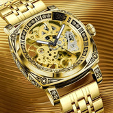 GLENAW Skeleton Mechanical Watch Men Vintage Engraved Auto Mechanical Wrist Watches Gold Stainless Steel Strap Erkek Kol Saati Inspirational Watches