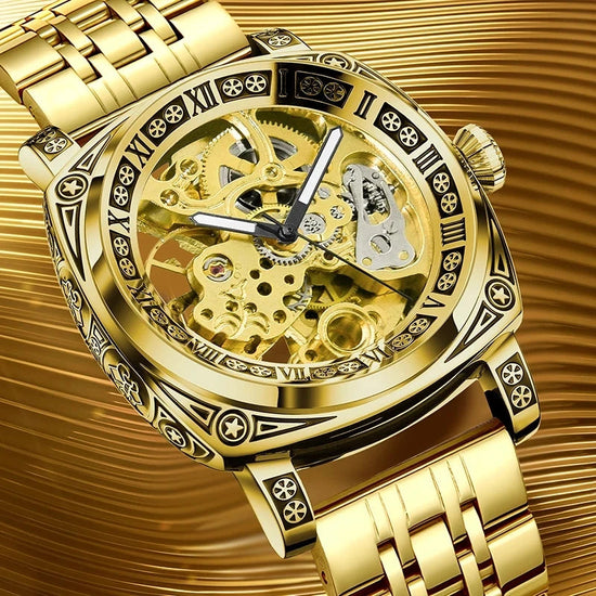 GLENAW Skeleton Mechanical Watch Men Vintage Engraved Auto Mechanical Wrist Watches Gold Stainless Steel Strap Erkek Kol Saati Inspirational Watches