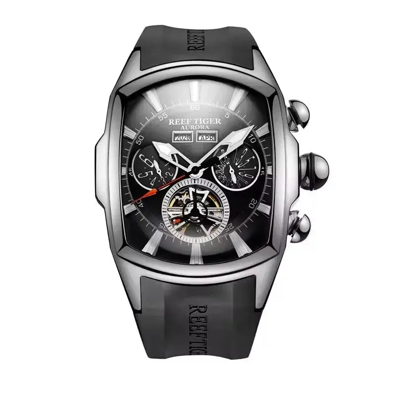 Reef Tiger 316L Stainless Steel Wine Barrel Automatic Watch Fashion Mulitfunction Tourbillon Mechanical Watches for Men RGA3069 Inspirational Watches