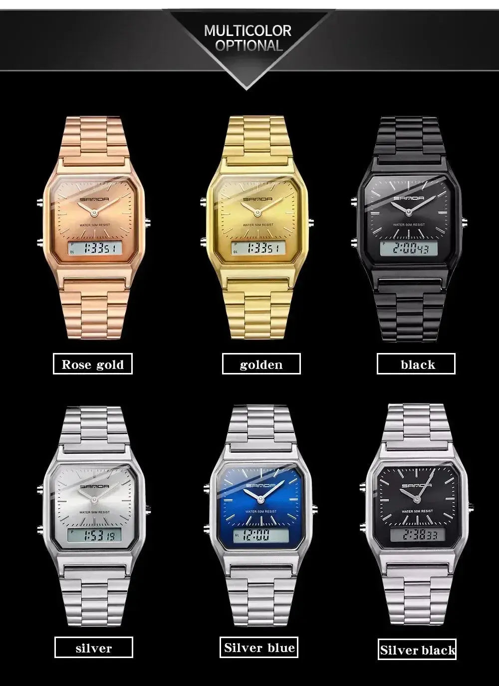 Stainless Steel LED Digital Dual Display Clock Waterproof Sports Watch Inspirational Watches