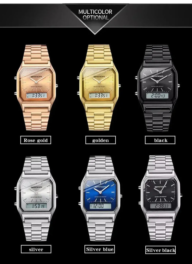 Stainless Steel LED Digital Dual Display Clock Waterproof Sports Watch Inspirational Watches