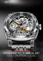 GLENAW Skeleton Mechanical Watch Men Vintage Engraved Auto Mechanical Wrist Watches Gold Stainless Steel Strap Erkek Kol Saati Inspirational Watches