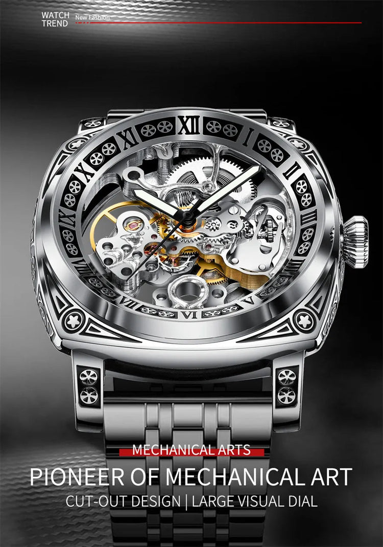GLENAW Skeleton Mechanical Watch Men Vintage Engraved Auto Mechanical Wrist Watches Gold Stainless Steel Strap Erkek Kol Saati Inspirational Watches
