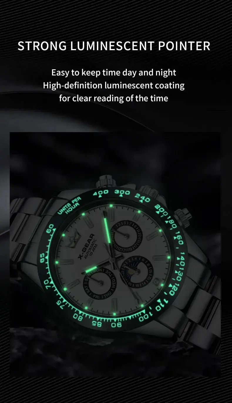 Automatic Watch with Ceramic Bezel Three Eyes Six Hands Waterproof Luminous - Inspirational Watches