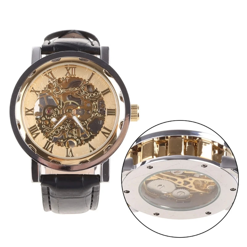 Mens Mechanical Watch Black Leather Gold Skeleton Sport Wristwatch Cool Relogio Inspirational Watches