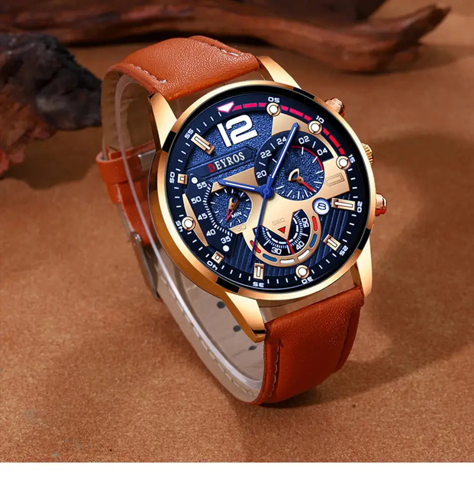 2PCS Set Fashion Calendar Watches Male Business Casual Brown Leather - Inspirational Watches