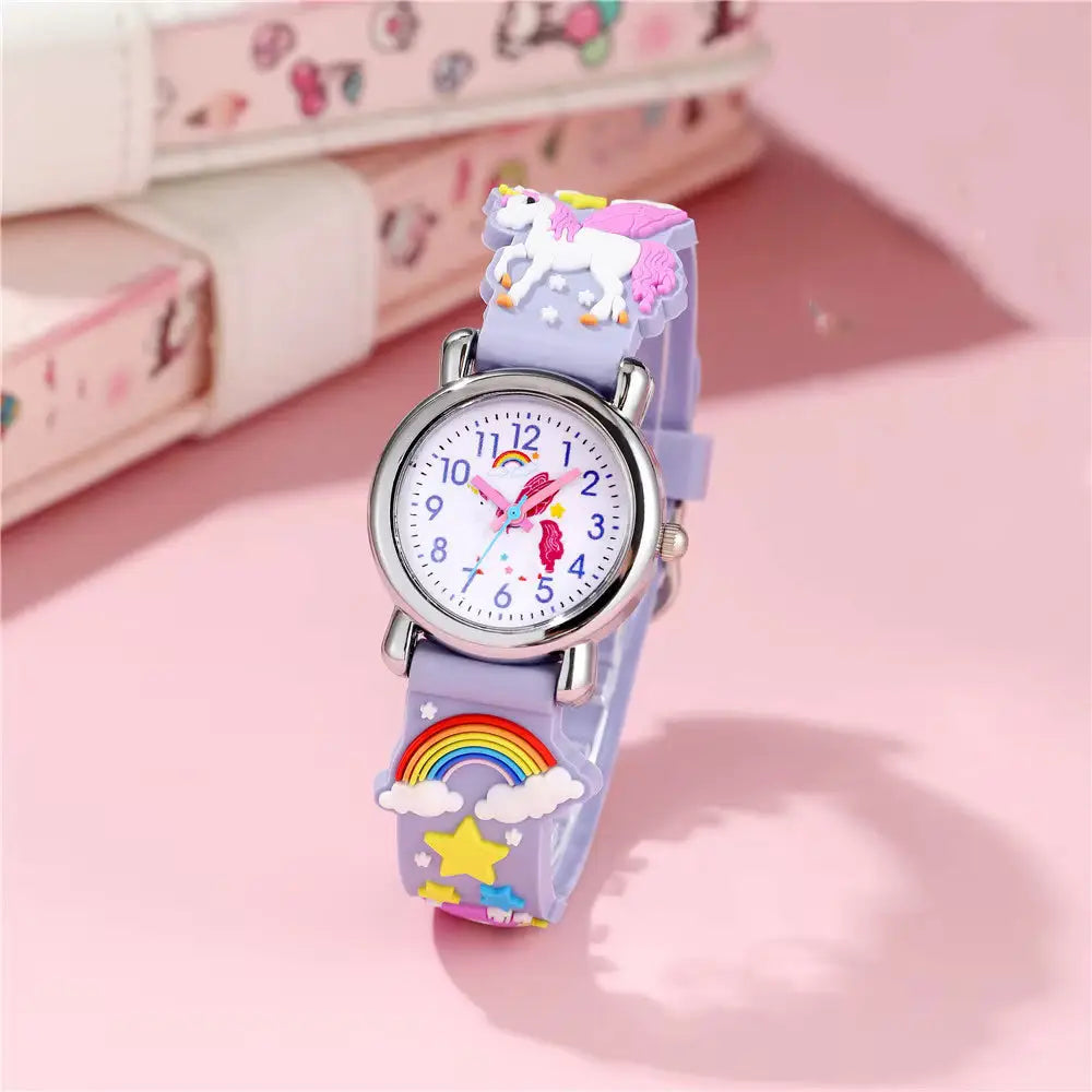 Purple unicorn kids quartz watch on a pink background
