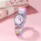 Purple unicorn kids quartz watch on a pink background
