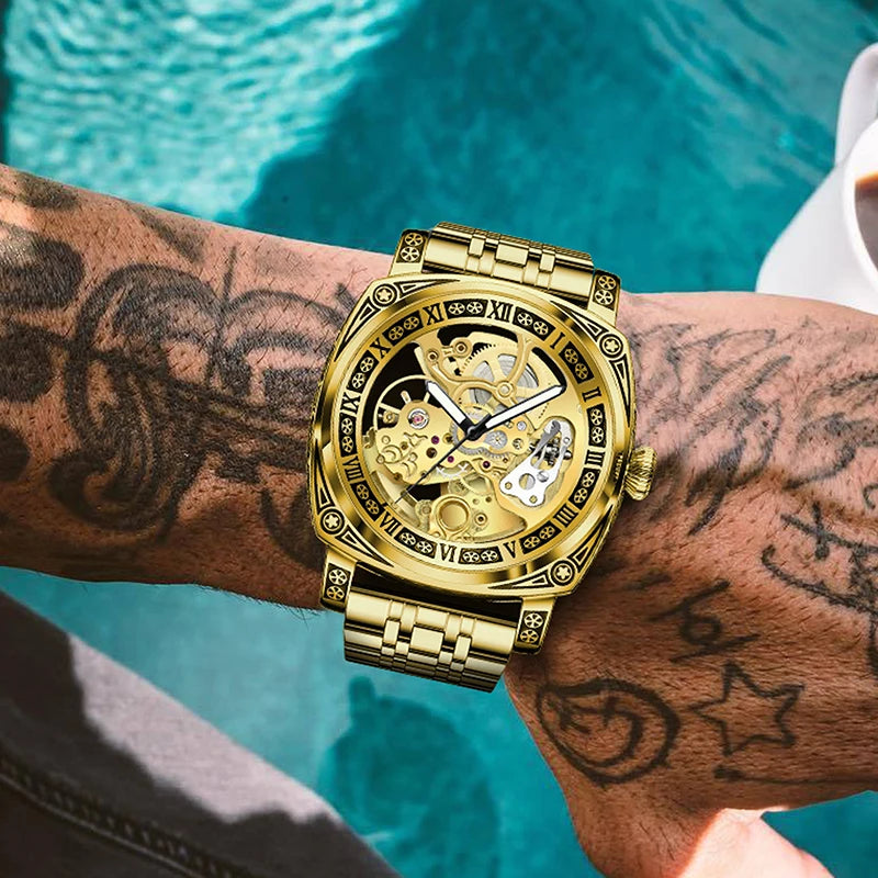 GLENAW Skeleton Mechanical Watch Men Vintage Engraved Auto Mechanical Wrist Watches Gold Stainless Steel Strap Erkek Kol Saati Inspirational Watches