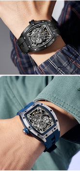 Mechanical Watch for Men Fashion Sport Analog Automatic Wristwatch Skeleton Stainless 50M Waterproof Watches with Tonneau Dial Inspirational Watches