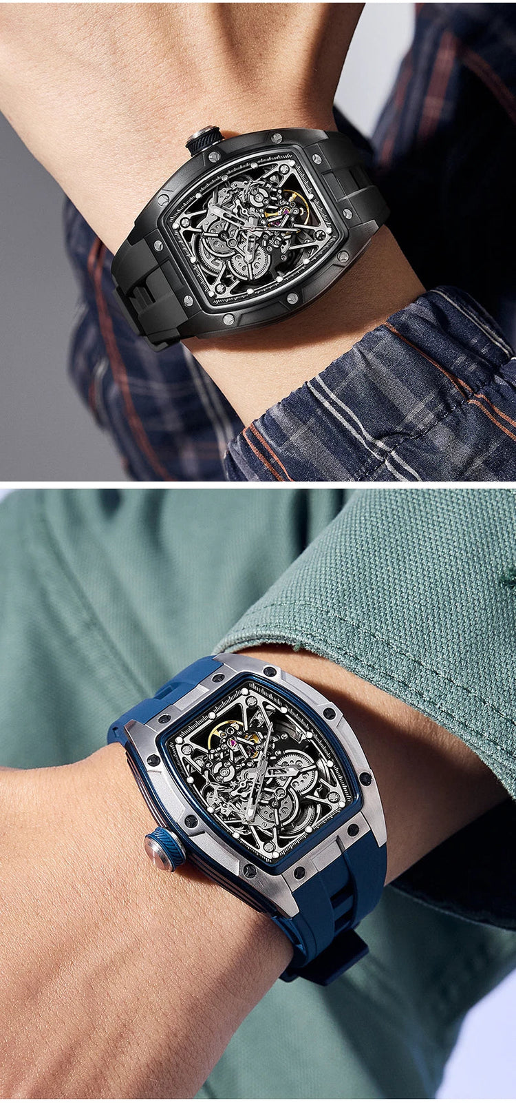 Mechanical Watch for Men Fashion Sport Analog Automatic Wristwatch Skeleton Stainless 50M Waterproof Watches with Tonneau Dial Inspirational Watches