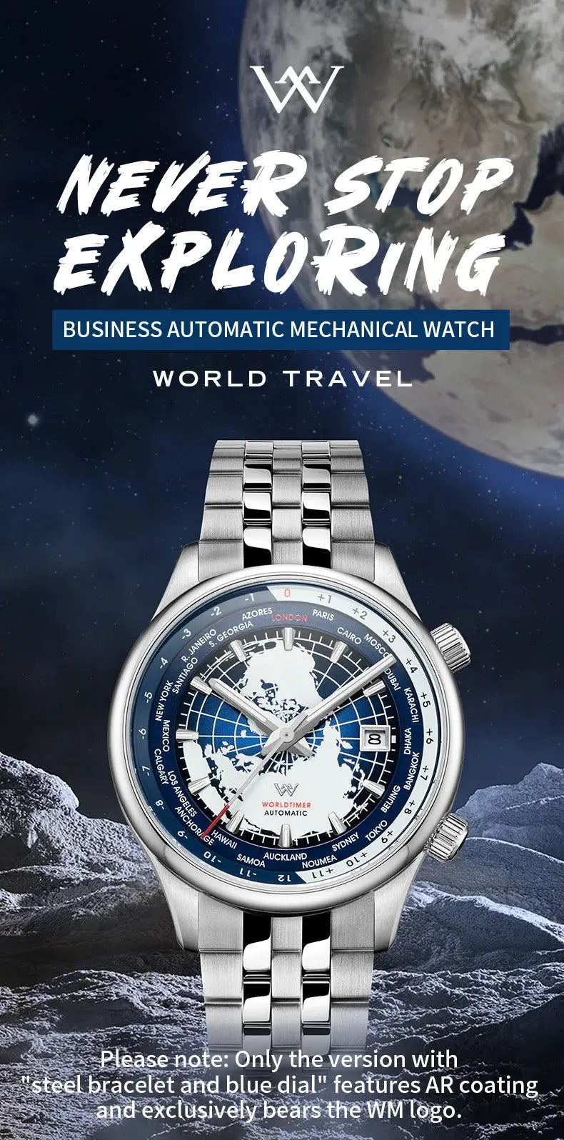 World Time Original Automatic Mechanical High Quality Sapphire Inspirational Watches