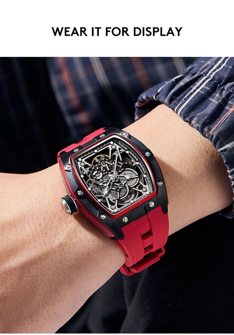Mechanical Watch for Men Fashion Sport Analog Automatic Wristwatch Skeleton Stainless 50M Waterproof Watches with Tonneau Dial Inspirational Watches