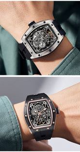 Mechanical Watch for Men Fashion Sport Analog Automatic Wristwatch Skeleton Stainless 50M Waterproof Watches with Tonneau Dial Inspirational Watches