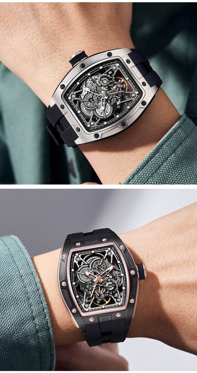 Mechanical Watch for Men Fashion Sport Analog Automatic Wristwatch Skeleton Stainless 50M Waterproof Watches with Tonneau Dial Inspirational Watches