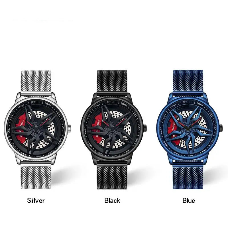 Rotating Dial Waterproof Car Wheel Watch Men Quartz Sport Steel Clock Creative Rim Hub Wheel Wristwatch Relogio Masculine Inspirational Watches