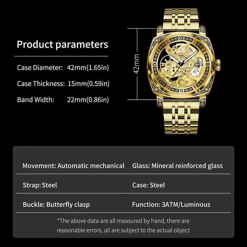 GLENAW Skeleton Mechanical Watch Men Vintage Engraved Auto Mechanical Wrist Watches Gold Stainless Steel Strap Erkek Kol Saati Inspirational Watches