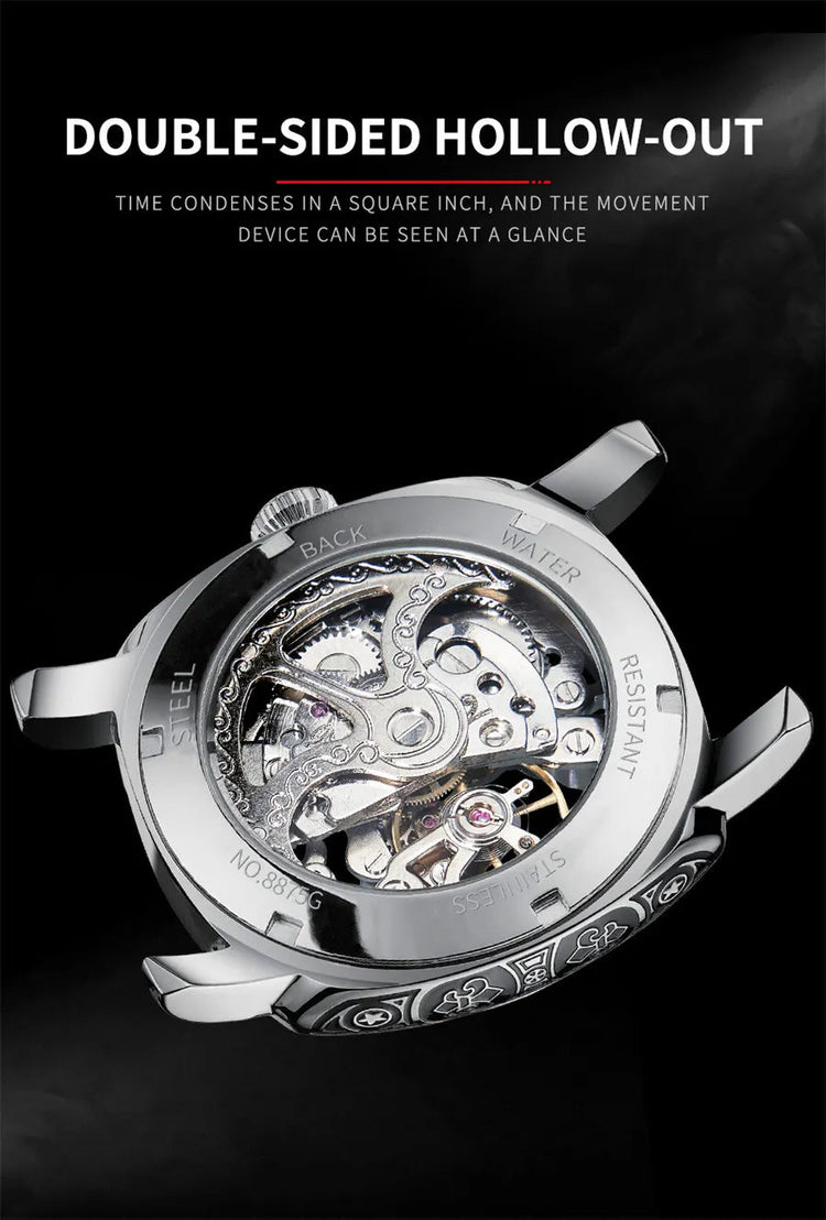 GLENAW Skeleton Mechanical Watch Men Vintage Engraved Auto Mechanical Wrist Watches Gold Stainless Steel Strap Erkek Kol Saati Inspirational Watches