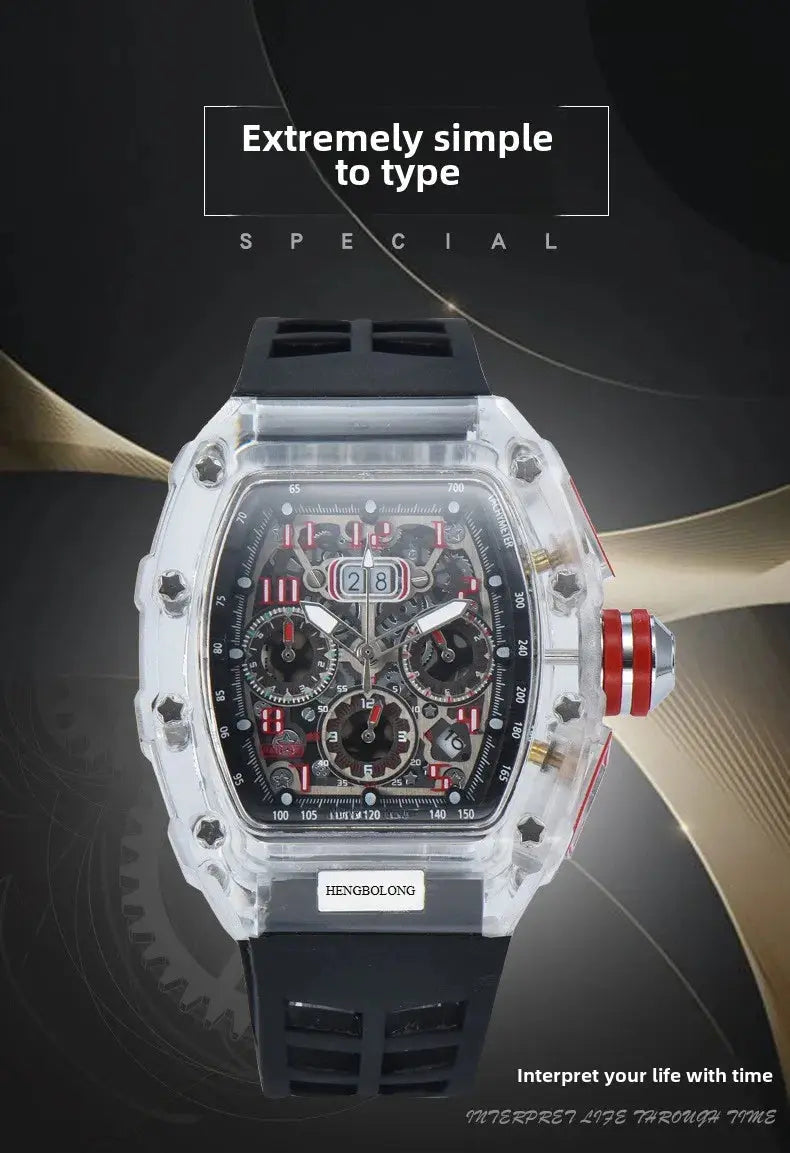 six-pin multi-functional running second engraving hollow quartz watch - Inspirational Watches