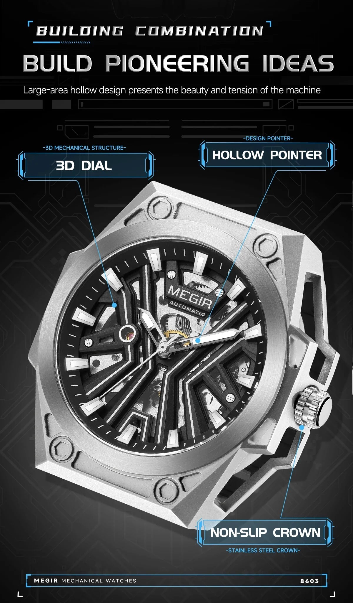 MEGIR Skeleton Dial Men Mechanical Watch Silicone Strap 316 Stainless Steel Case 50M Waterproof Automatic Wristwatches Men&