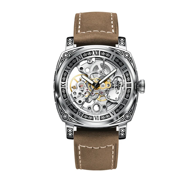 GLENAW Skeleton Mechanical Watch Men Vintage Engraved Auto Mechanical Wrist Watches Gold Stainless Steel Strap Erkek Kol Saati Inspirational Watches