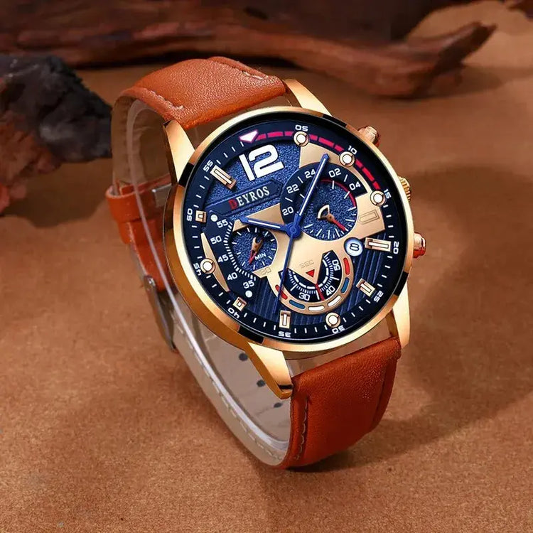 2PCS Set Fashion Calendar Watches Male Business Casual Brown Leather - Inspirational Watches