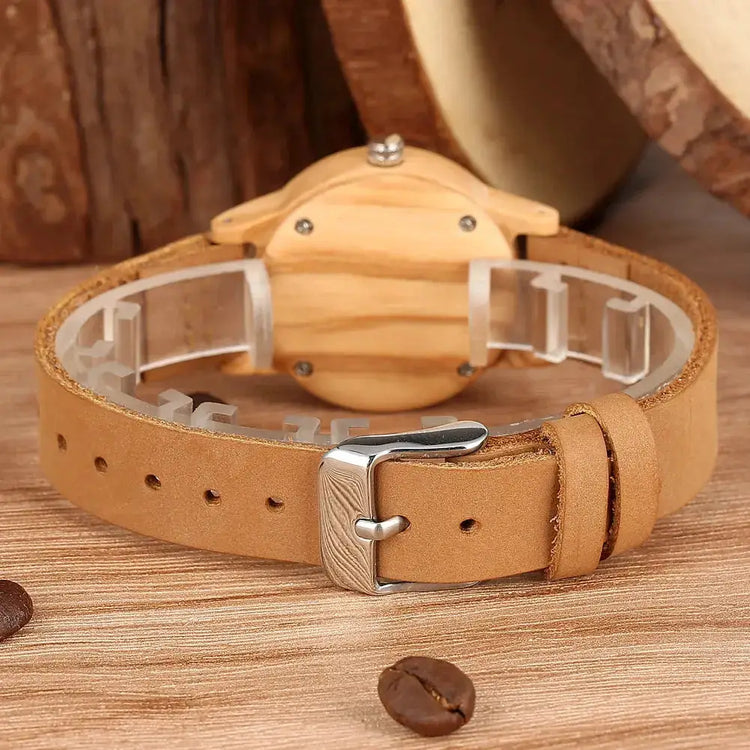 Elegant Women’s Wooden Watch – Genuine Leather Strap & Luxury Quartz Timepiece - Inspirational Watches