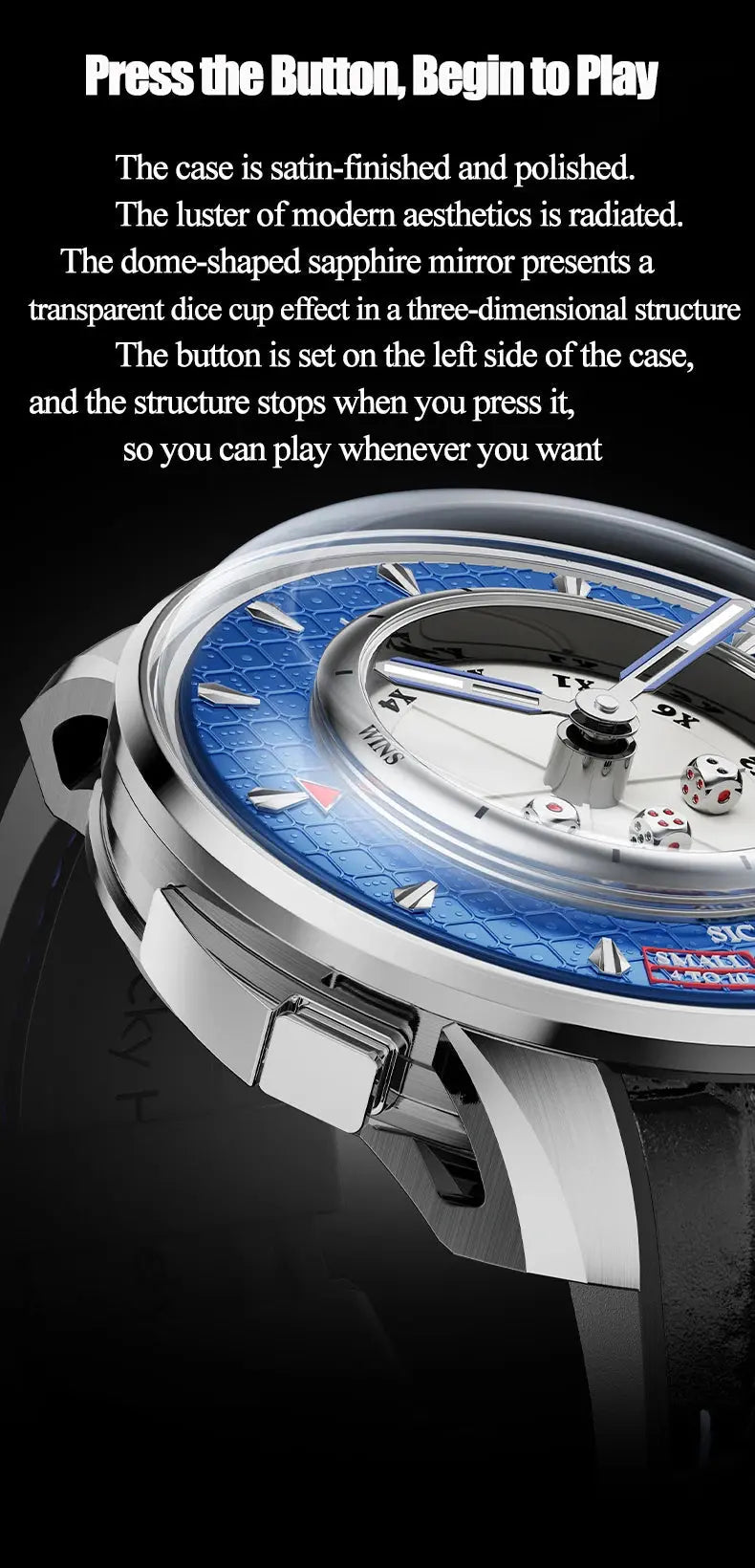 Lucky Harvey Sic Bo Dial Automatic Mechanical Watches for Men 2.5MM Micro-carving Dice Cambered Sapphire Funny Party Game Watch Inspirational Watches