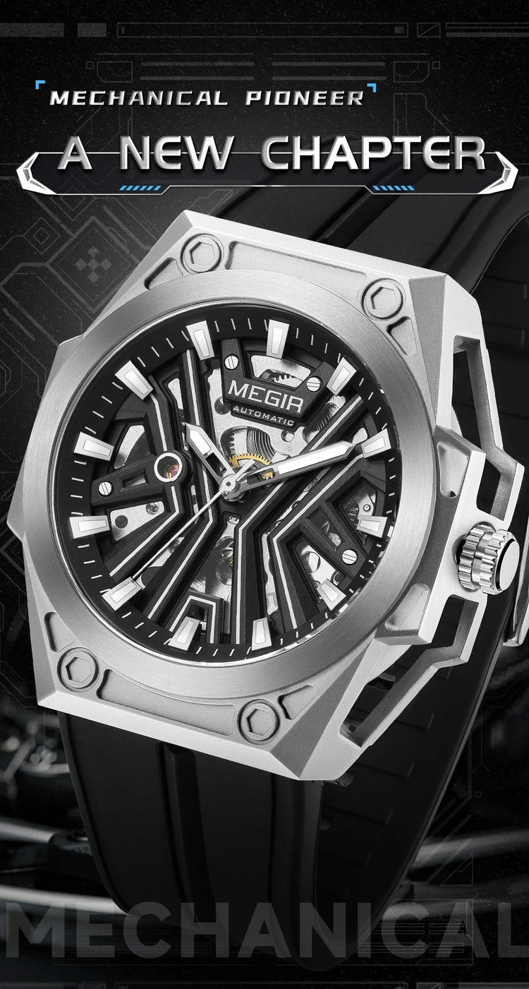 MEGIR Skeleton Dial Men Mechanical Watch Silicone Strap 316 Stainless Steel Case 50M Waterproof Automatic Wristwatches Men&